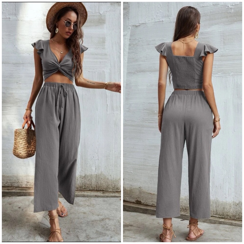 SHEIN - Ruffle trim twist top with pants 2 pc grey